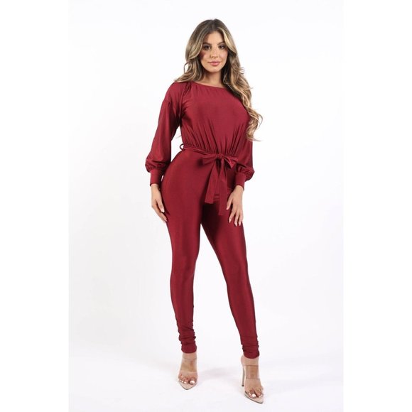 Boutique Pants - Women's Off Shoulder Shiny Yoga Jumpsuit Tie Waist Comfy Cute Black Burgundy